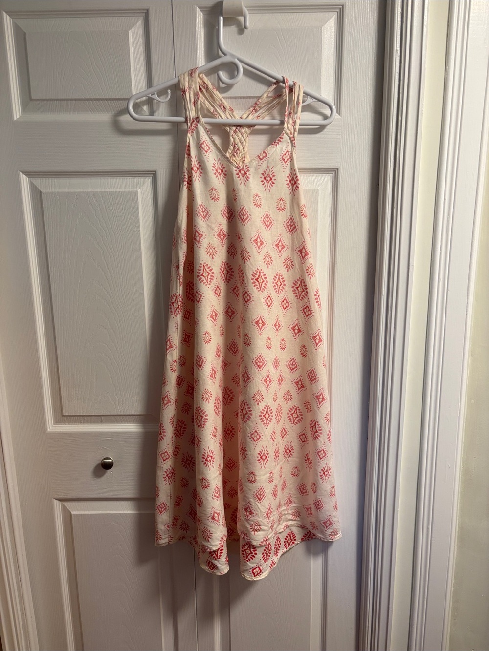 Cream and Coral Printed Linen Summer Dress